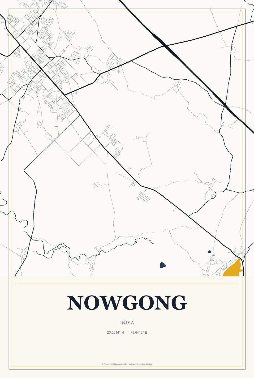 Nowgong, India City Map Aluminum Sign in Citrine Modern style