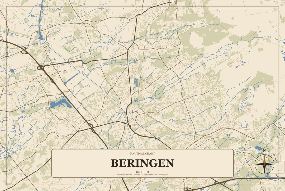 Beringen, Belgium City Map Aluminum Sign in Heritage Nautical style