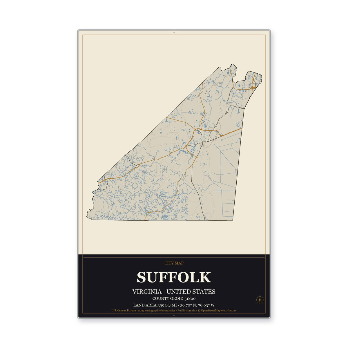 Suffolk city, Virginia Map Aluminum Sign in Museum Plaque style