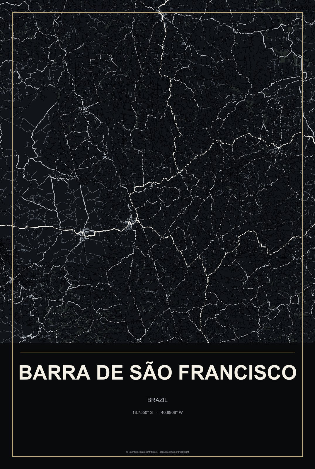 Barra de São Francisco, Brazil City Map Aluminum Sign in Metropolitan Noir style