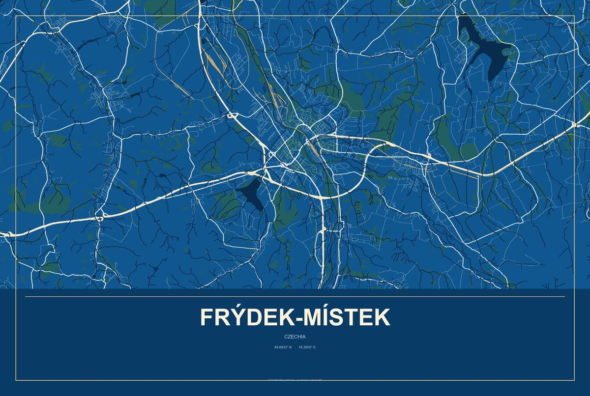 Frýdek-Místek, Czechia City Map Aluminum Sign in Harbor Cobalt style
