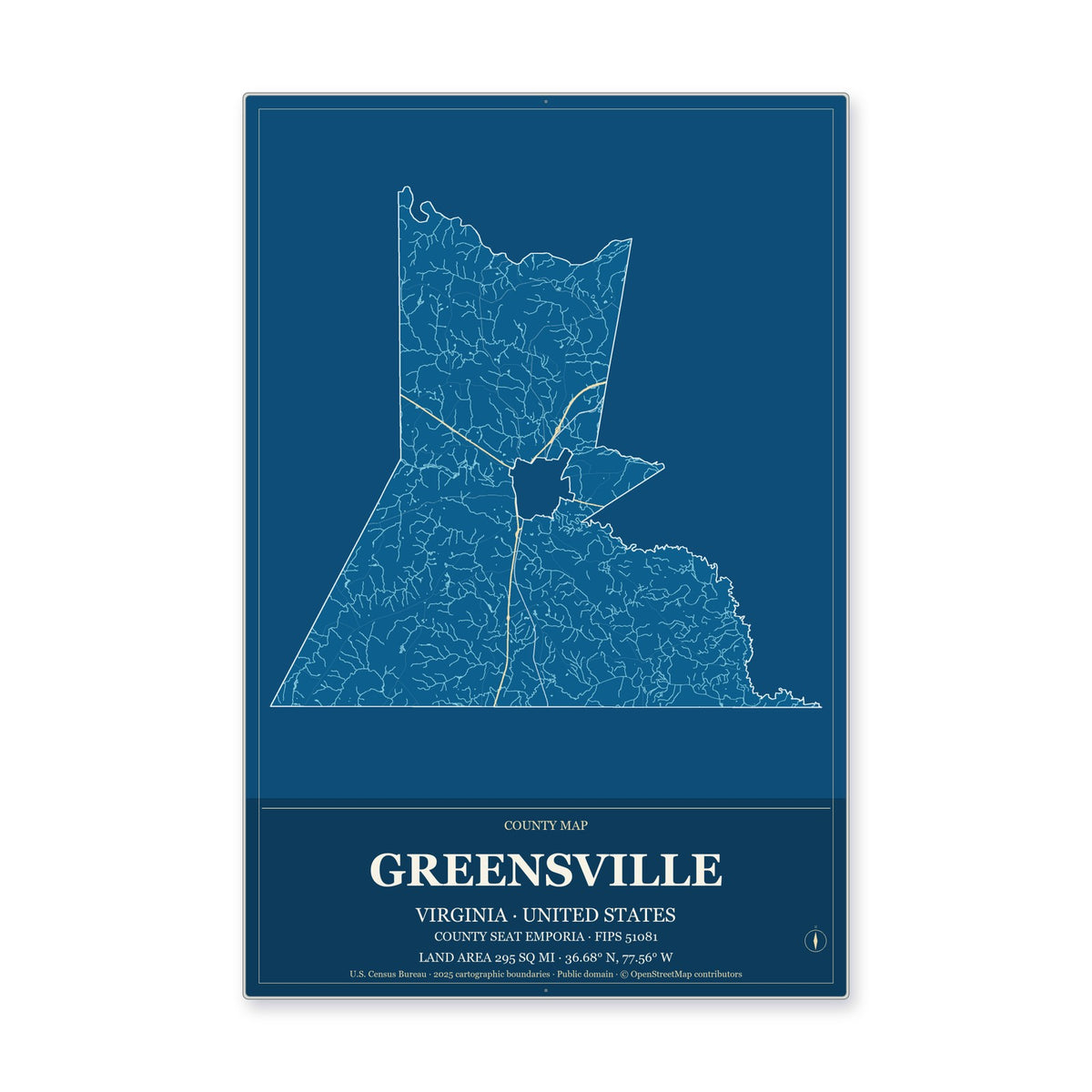 Greensville County, Virginia Map Aluminum Sign in Harbor Cobalt style