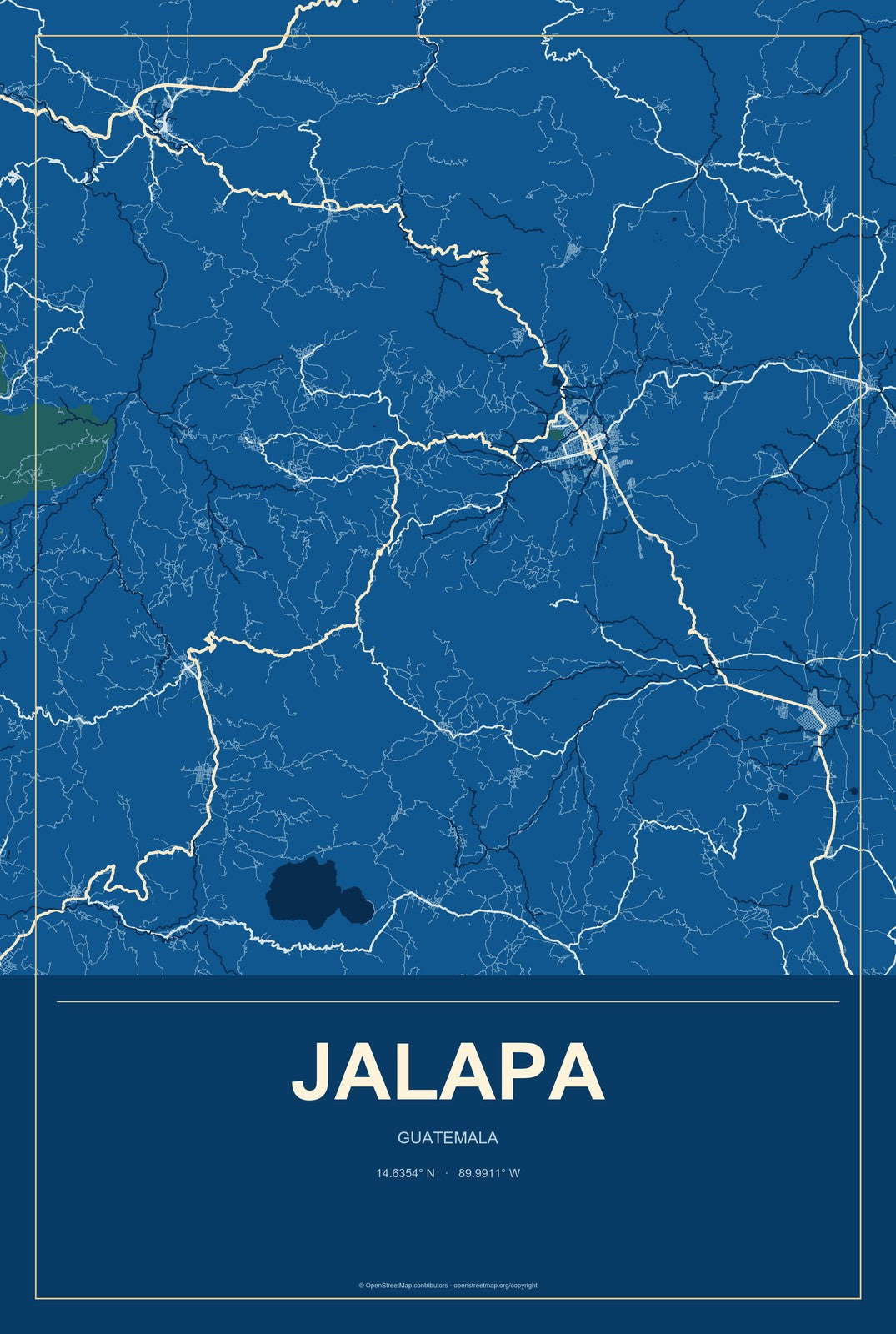 Jalapa, Guatemala City Map Aluminum Sign in Harbor Cobalt style