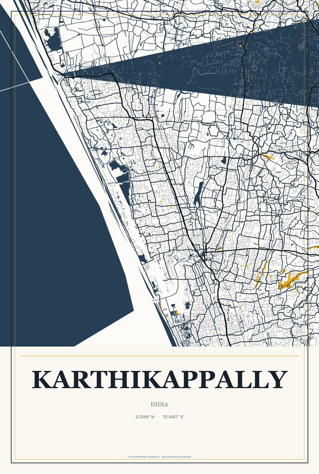 Karthikappally, India City Map Aluminum Sign in Citrine Modern style