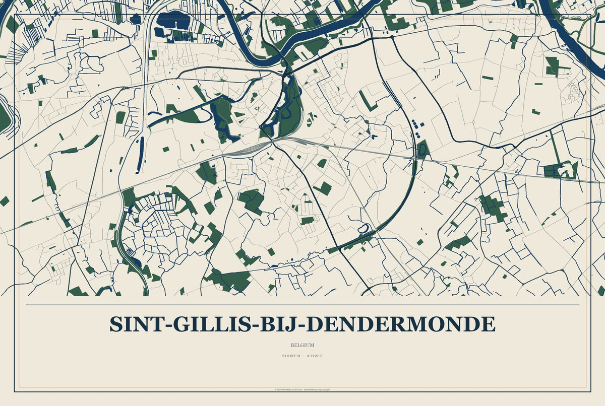 Sint-Gillis-bij-Dendermonde, Belgium City Map Aluminum Sign in Coastal Cutout style