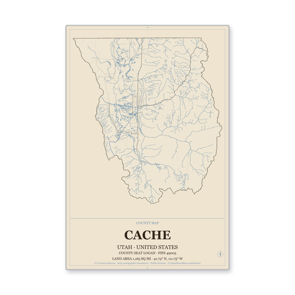 Cache County, Utah Map Aluminum Sign in Heritage Nautical style