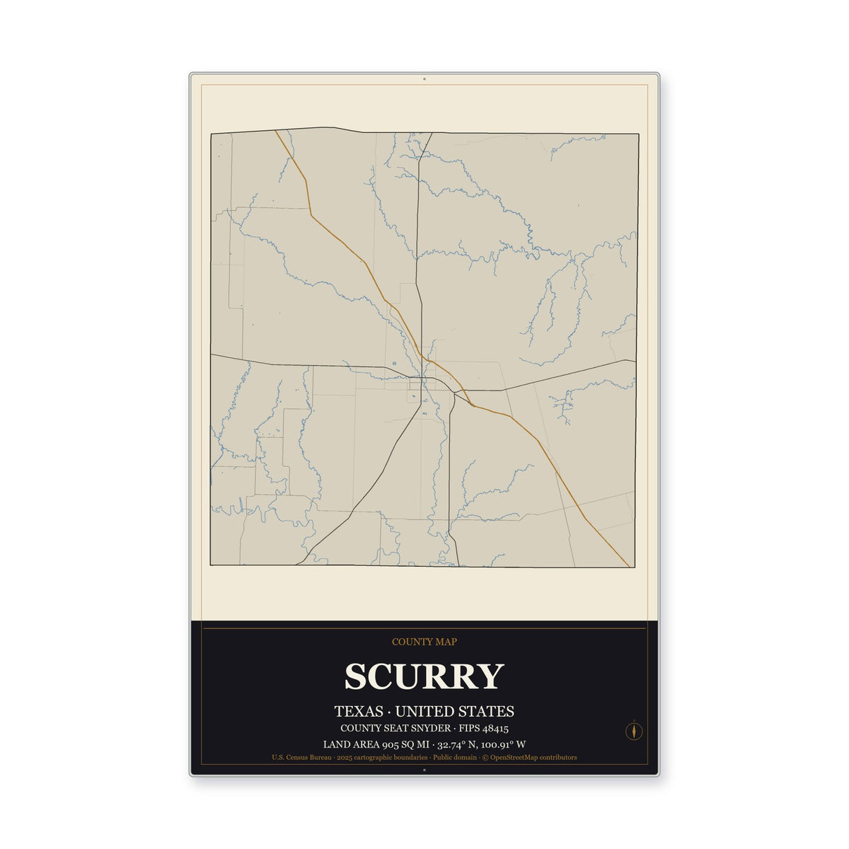 Scurry County, Texas Map Aluminum Sign in Museum Plaque style