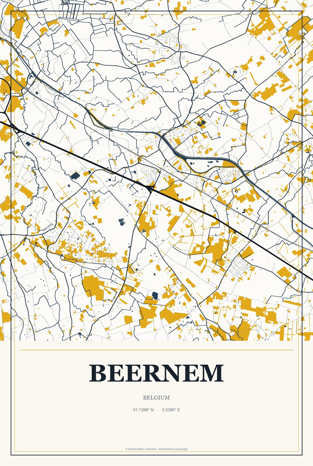 Beernem, Belgium City Map Aluminum Sign in Citrine Modern style