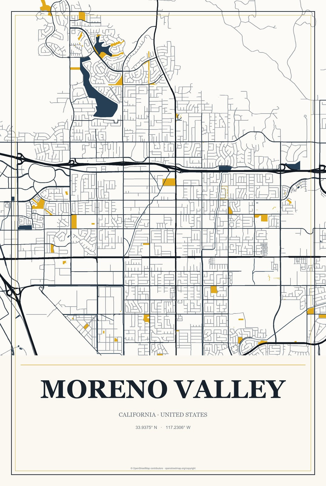 Moreno Valley, California City Map Aluminum Sign in Citrine Modern style