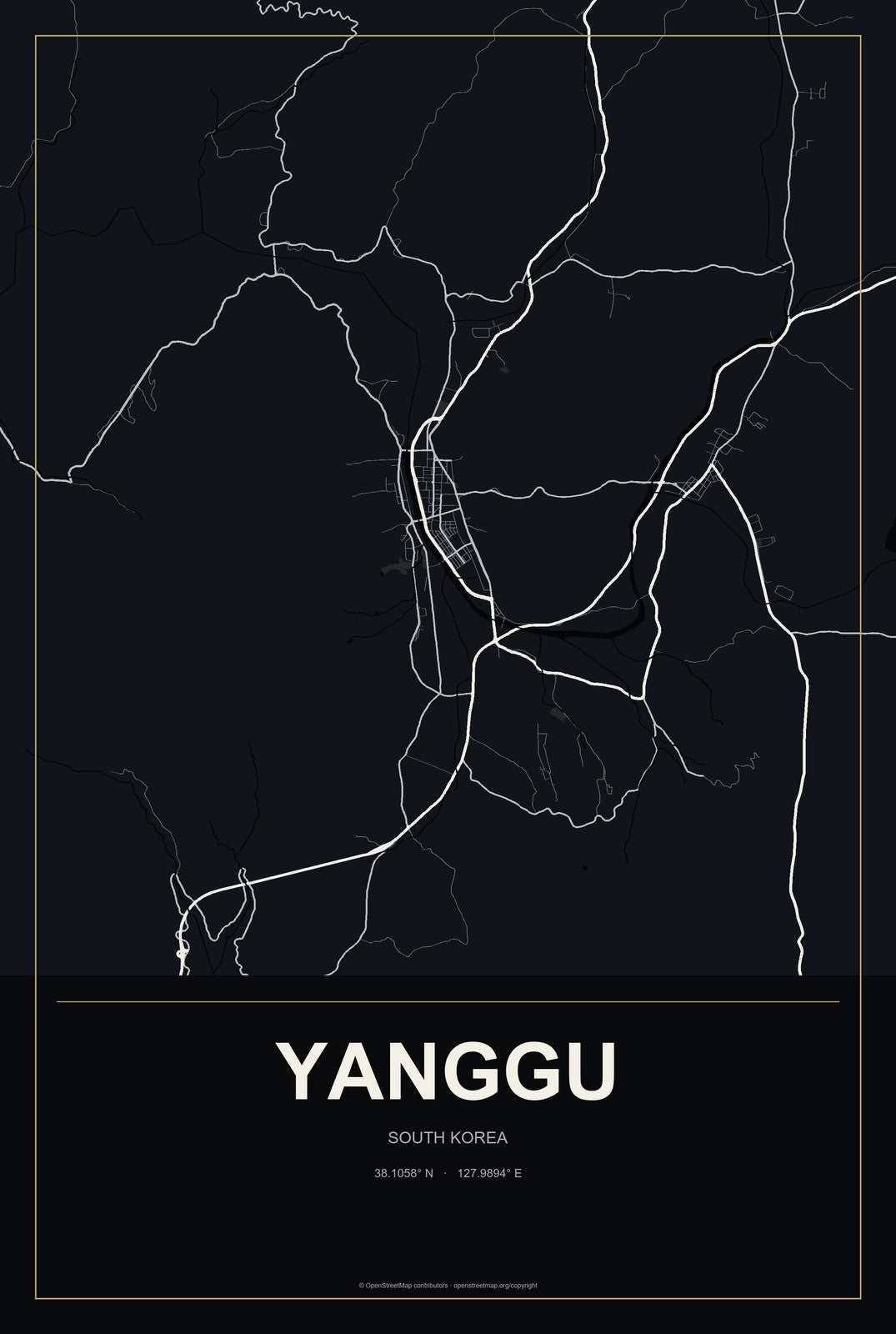 Yanggu, South Korea City Map Aluminum Sign in Metropolitan Noir style