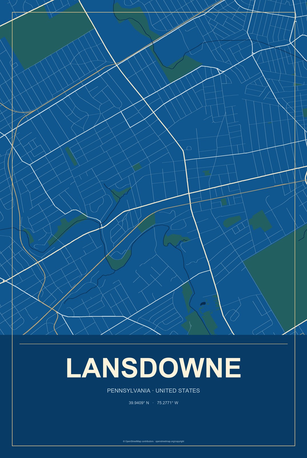 Lansdowne, Pennsylvania City Map Aluminum Sign in Harbor Cobalt style