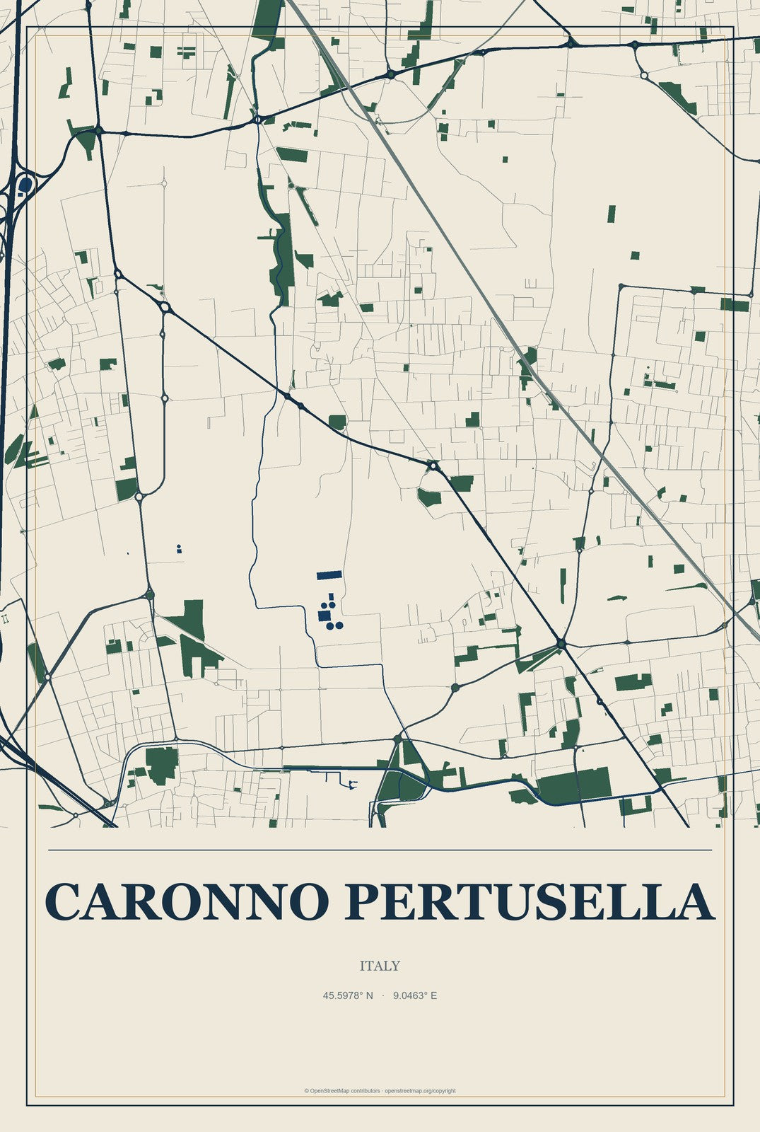Caronno Pertusella, Italy City Map Aluminum Sign in Coastal Cutout style