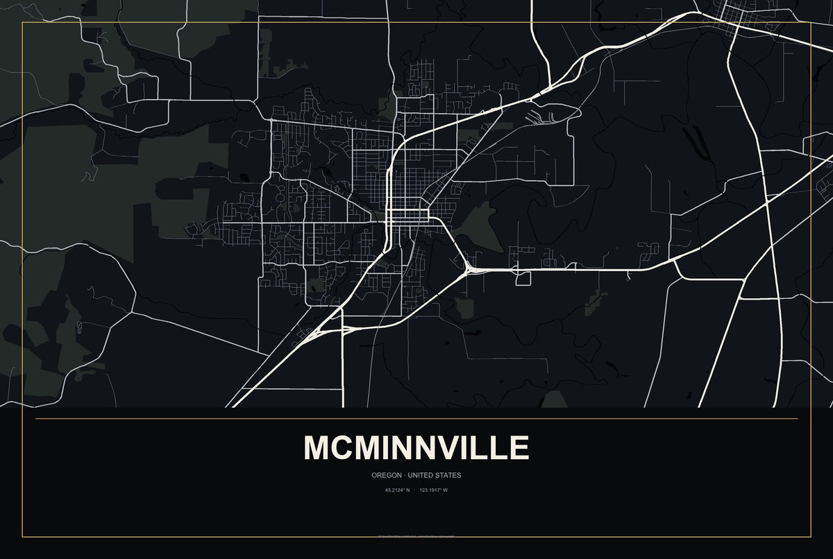 McMinnville, Oregon City Map Aluminum Sign in Metropolitan Noir style