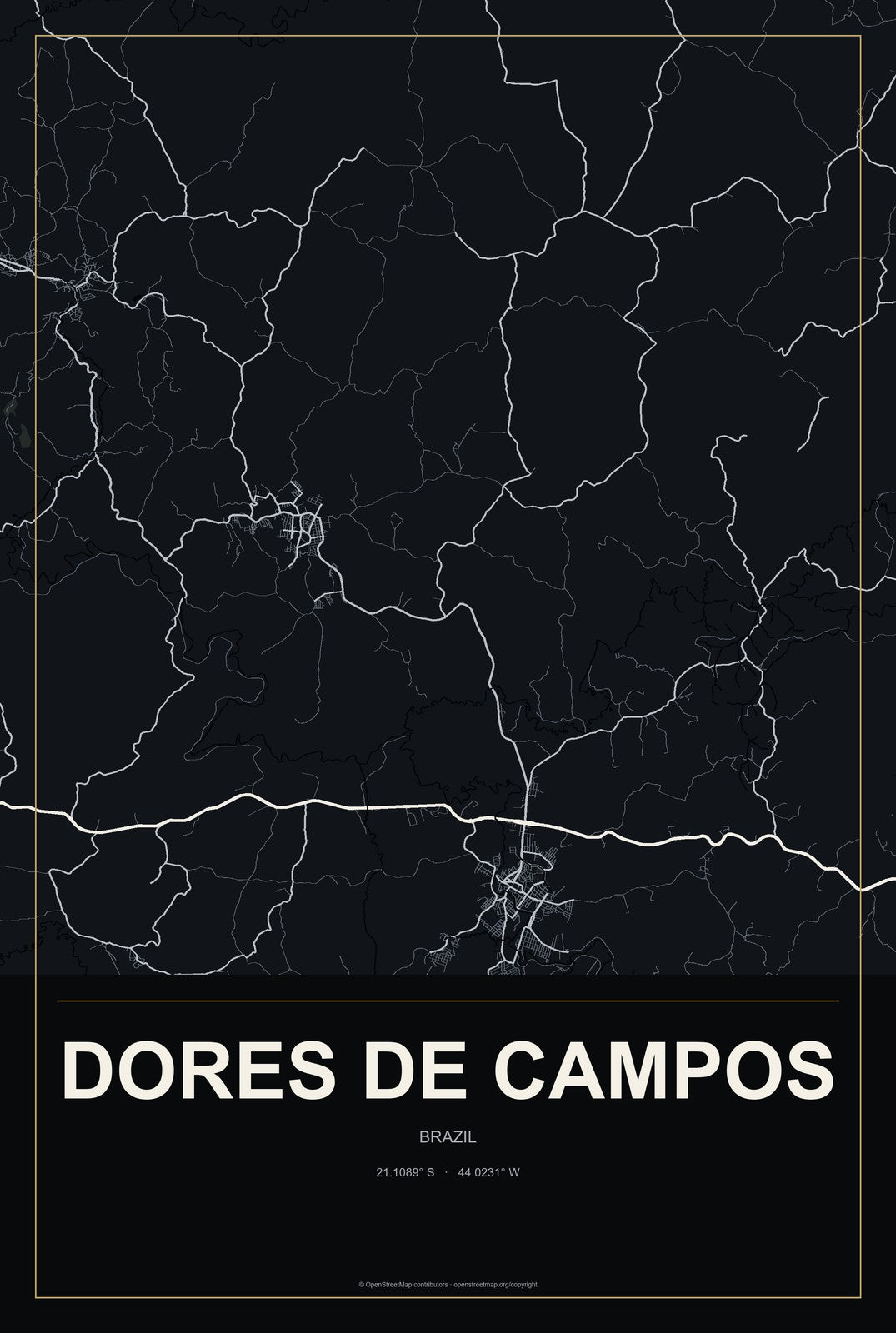Dores de Campos, Brazil City Map Aluminum Sign in Metropolitan Noir style