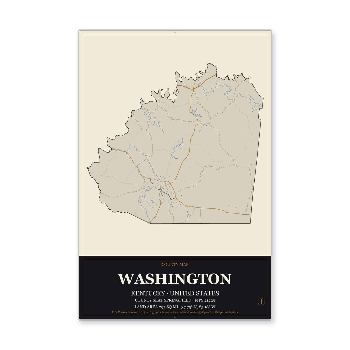 Washington County, Kentucky Map Aluminum Sign in Museum Plaque style