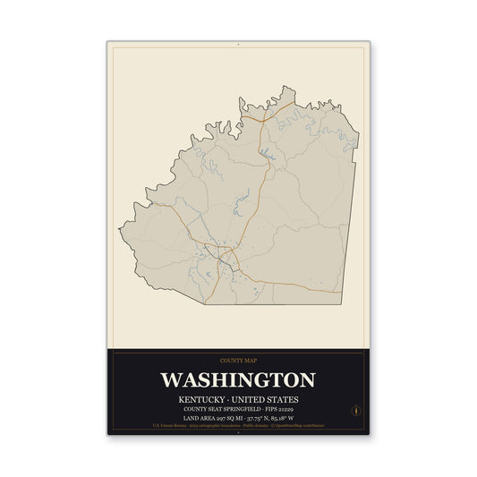 Washington County, Kentucky Map Aluminum Sign in Museum Plaque style