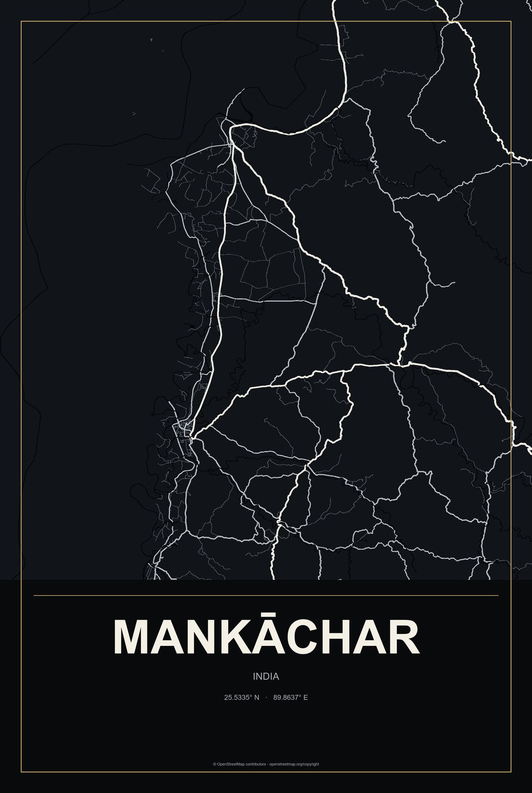 Mankāchar, India City Map Aluminum Sign in Metropolitan Noir style