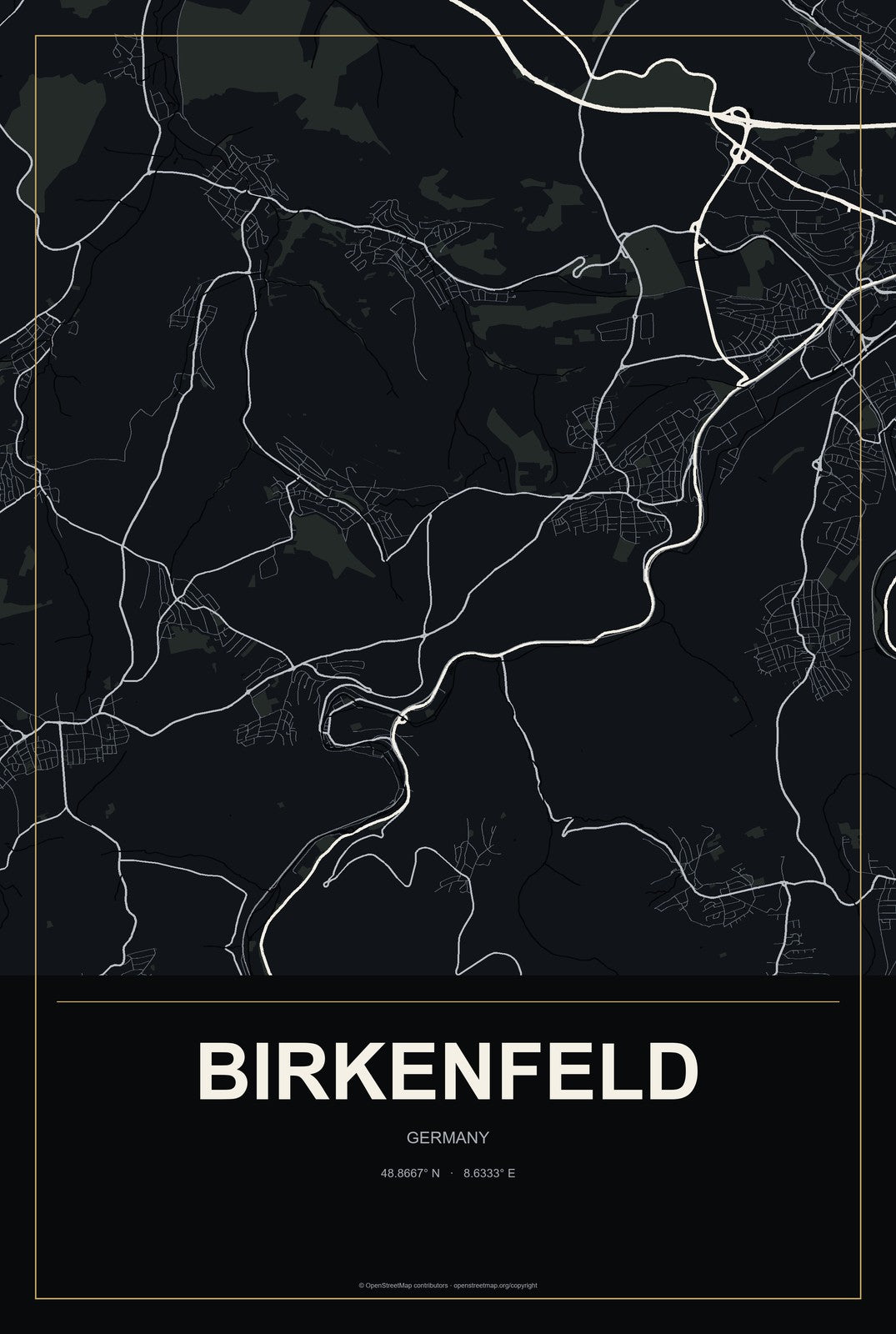 Birkenfeld, Germany City Map Aluminum Sign in Metropolitan Noir style