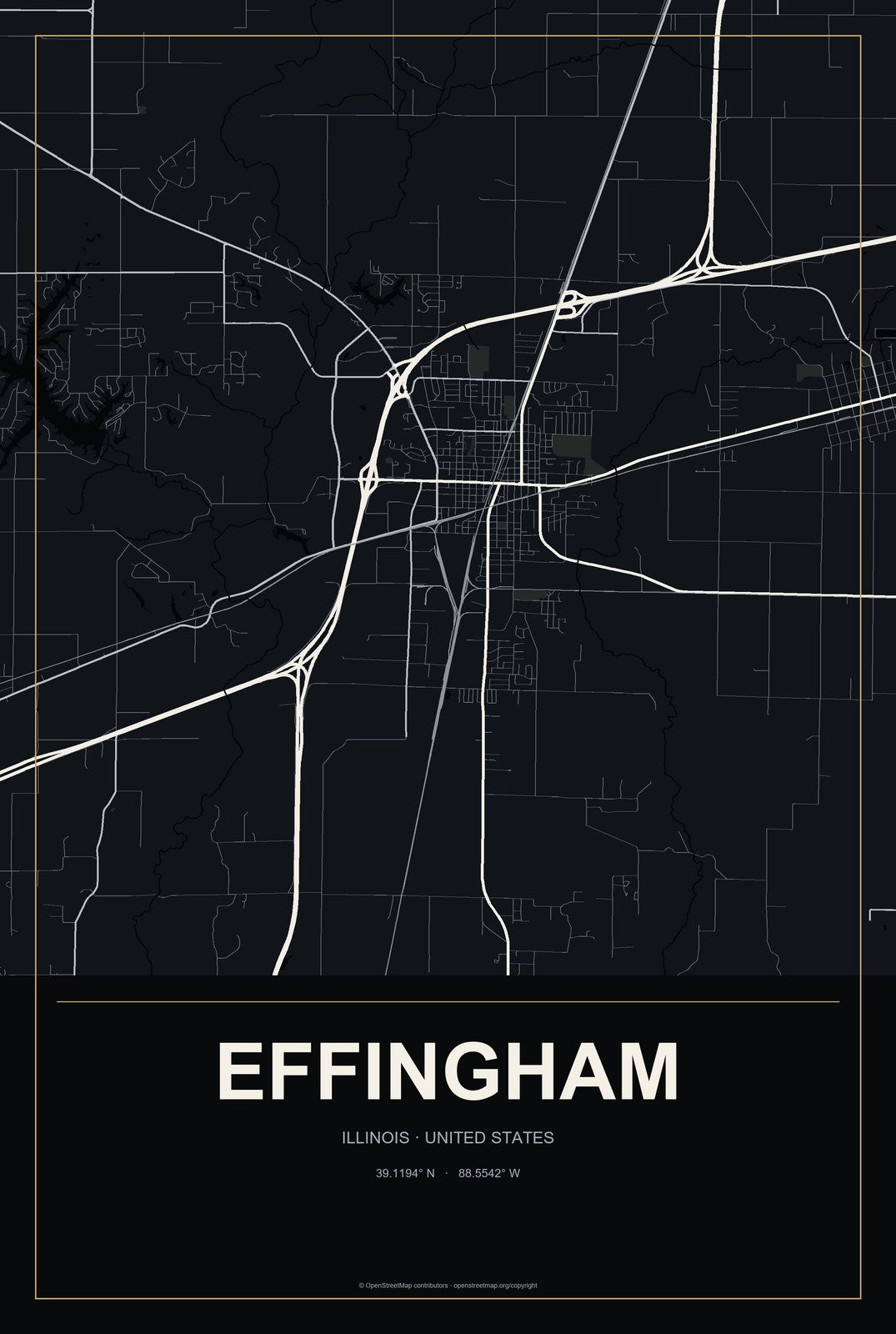 Effingham, Illinois City Map Aluminum Sign in Metropolitan Noir style