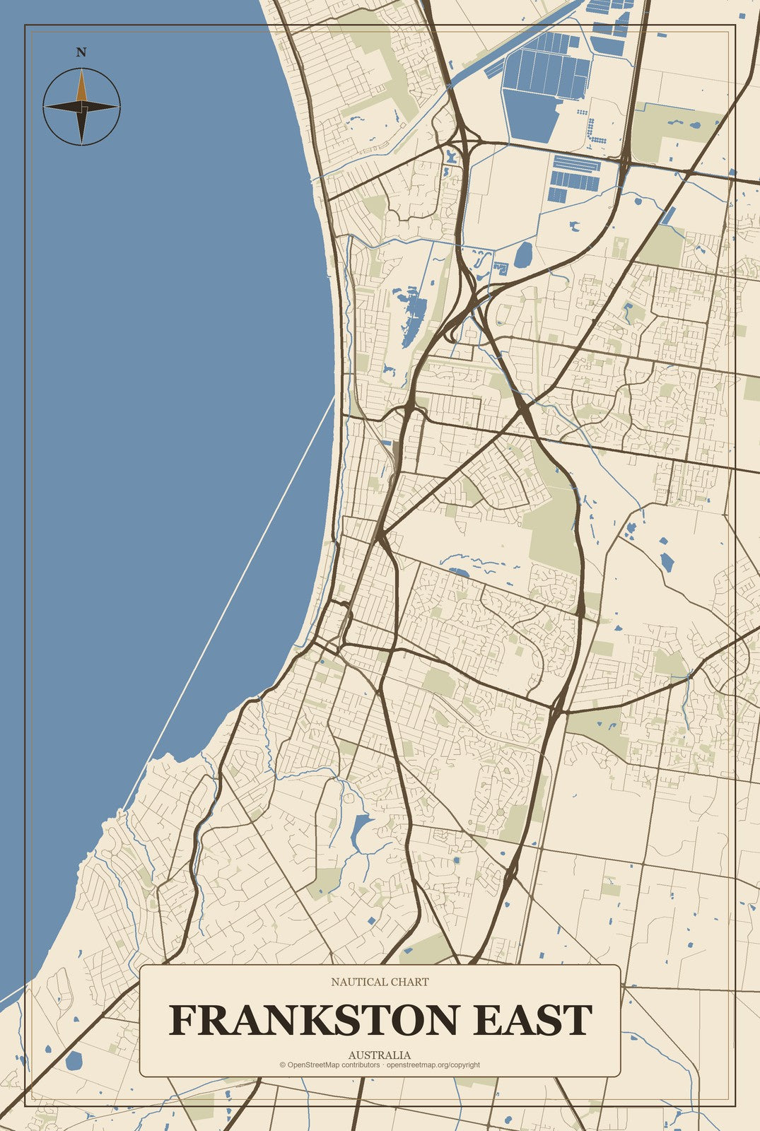 Frankston East, Australia City Map Aluminum Sign in Heritage Nautical style