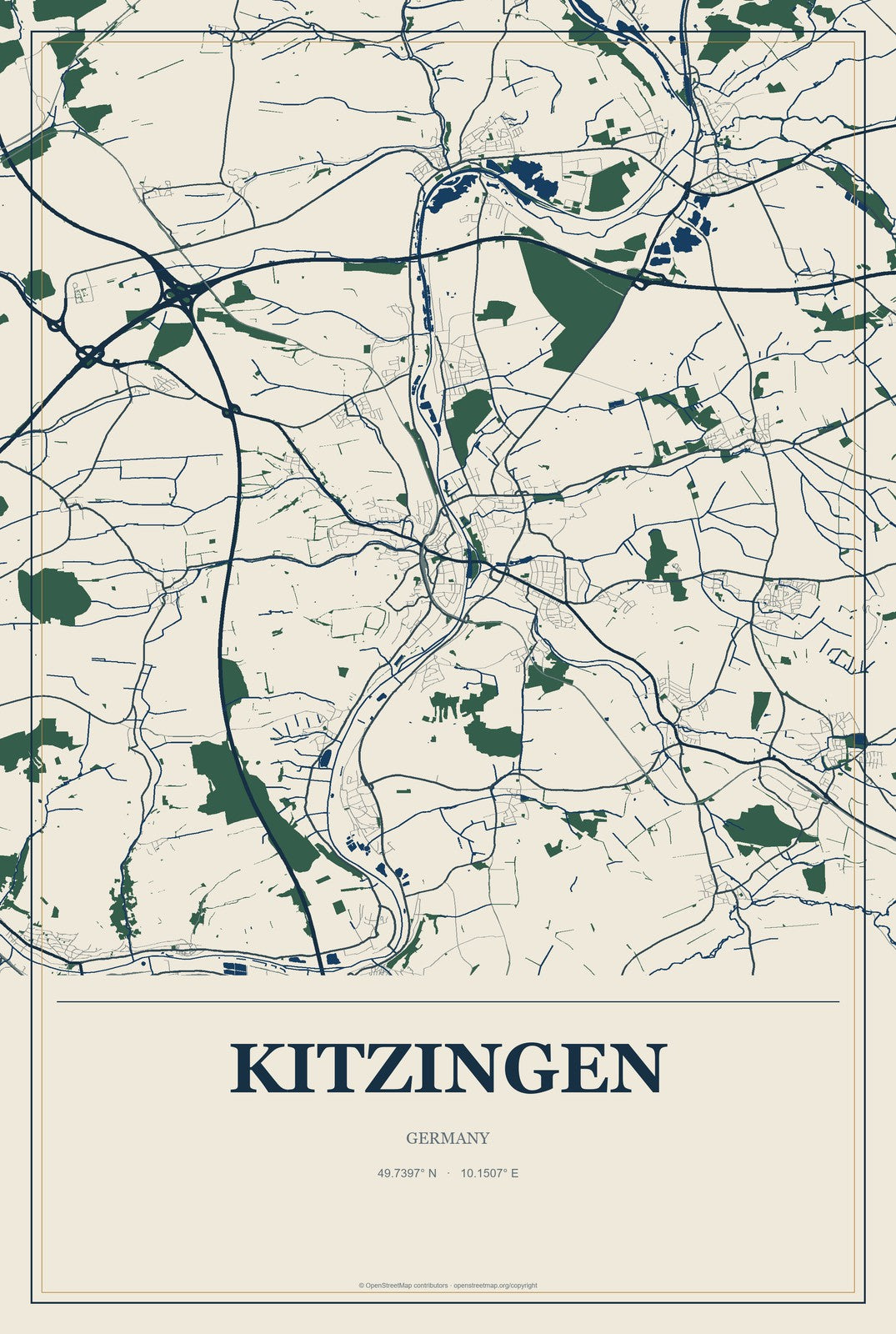 Kitzingen, Germany City Map Aluminum Sign in Coastal Cutout style