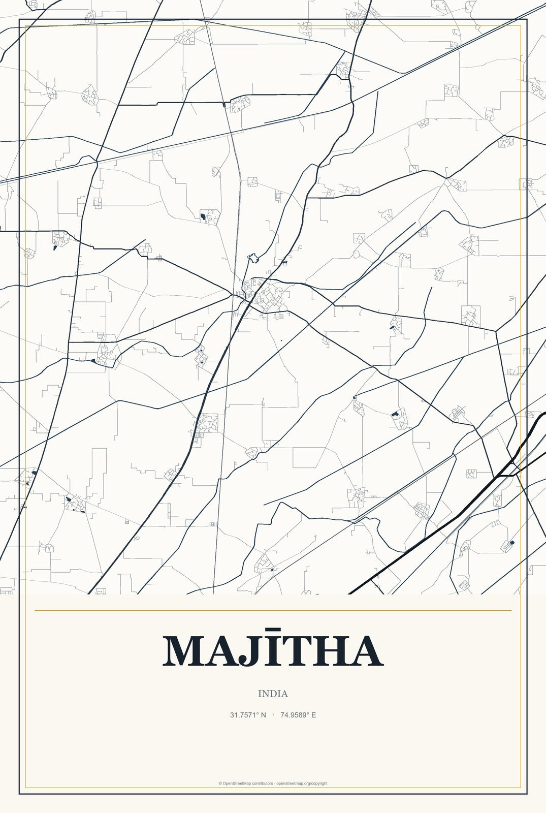 Majītha, India City Map Aluminum Sign in Citrine Modern style