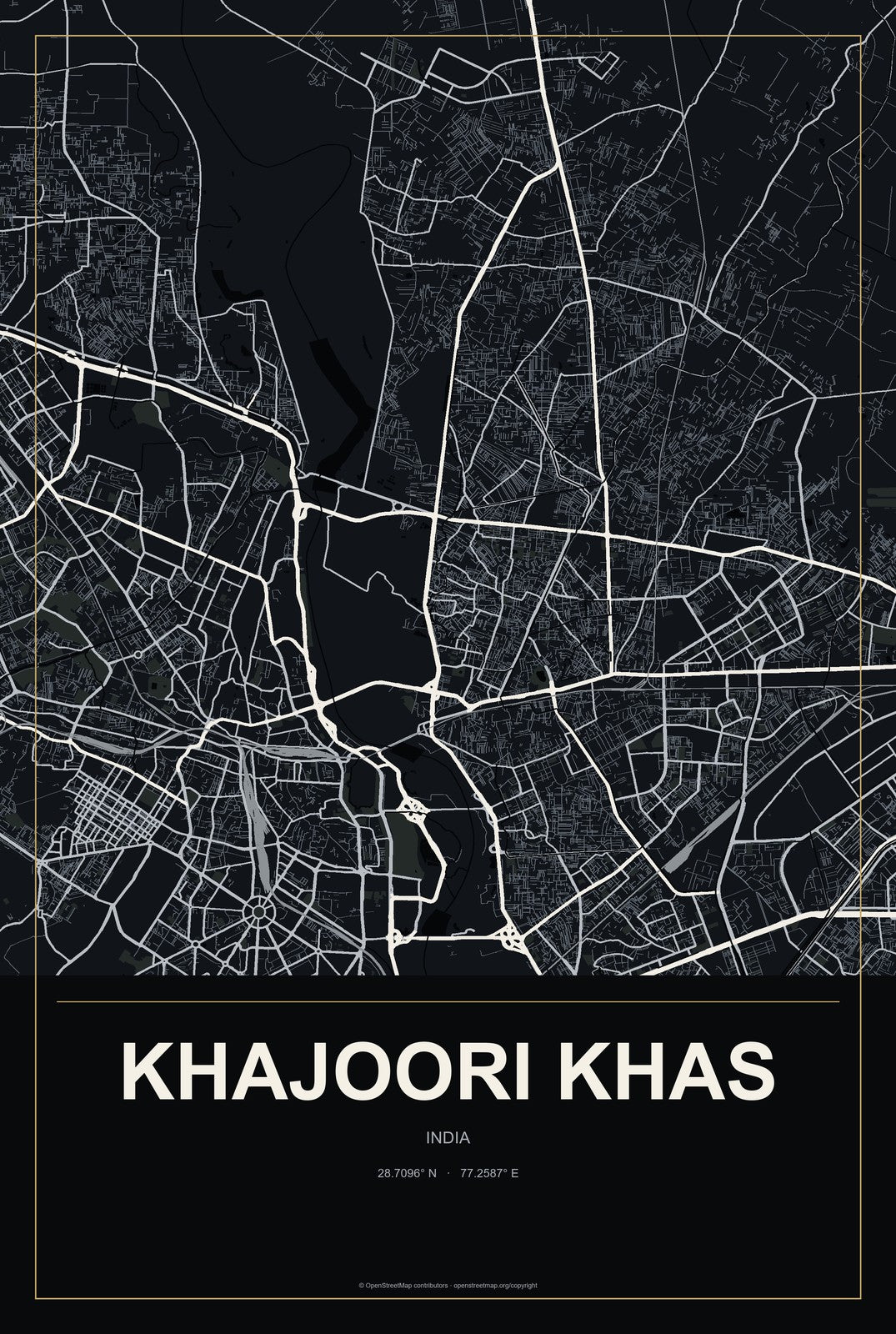 Khajoori Khas, India City Map Aluminum Sign in Metropolitan Noir style