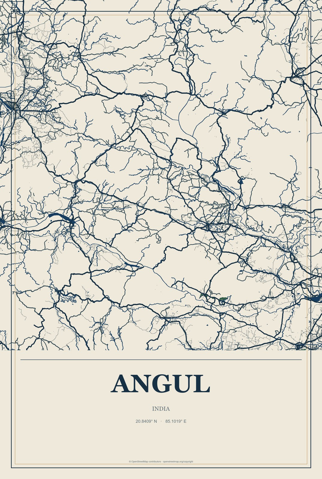 Angul, India City Map Aluminum Sign in Coastal Cutout style