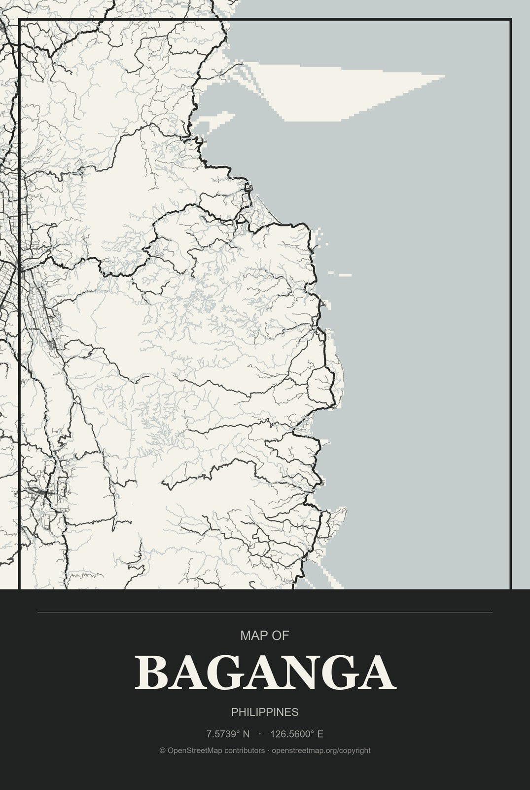 Baganga, Philippines City Map Aluminum Sign in Museum Plaque style
