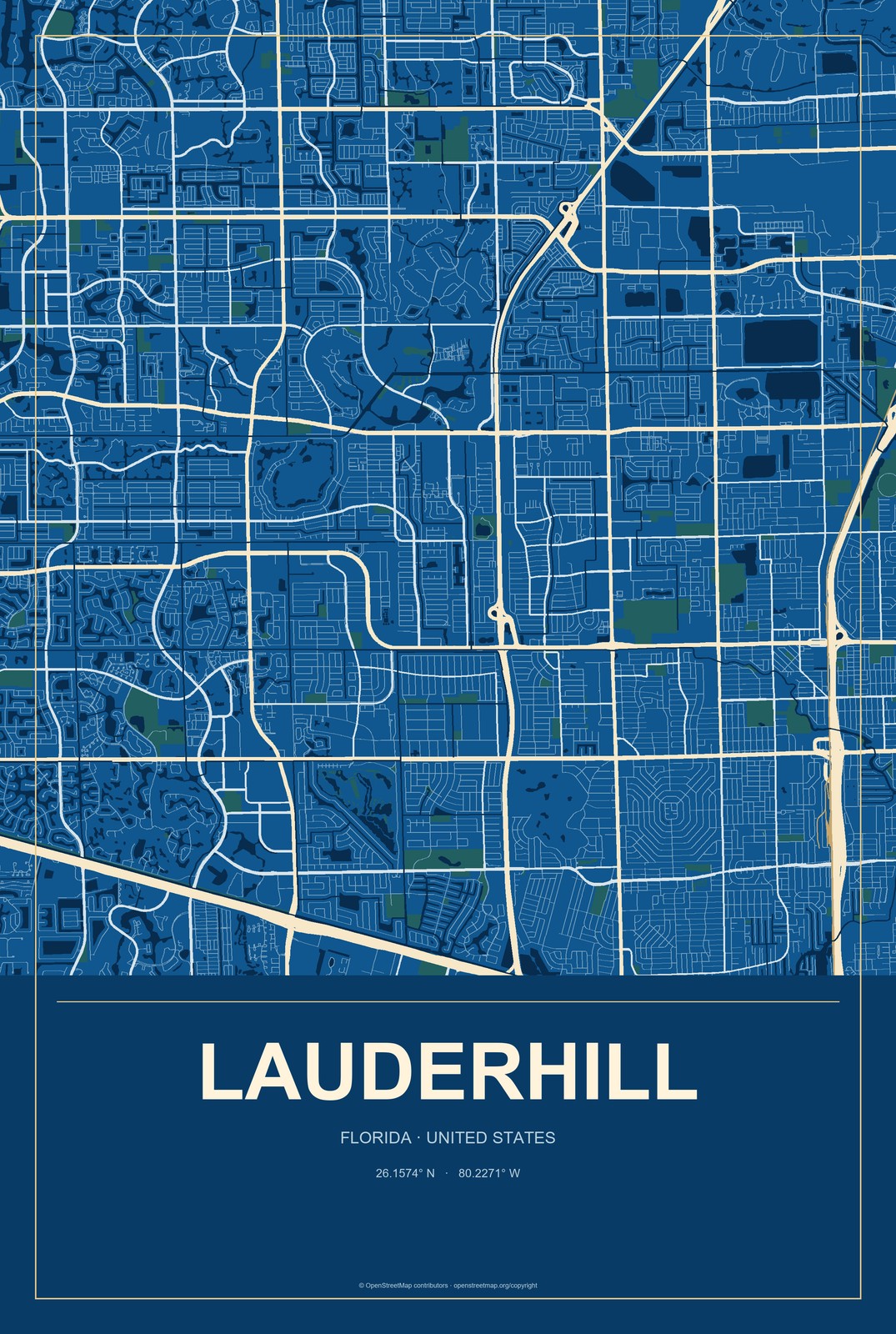 Lauderhill, Florida City Map Aluminum Sign in Harbor Cobalt style
