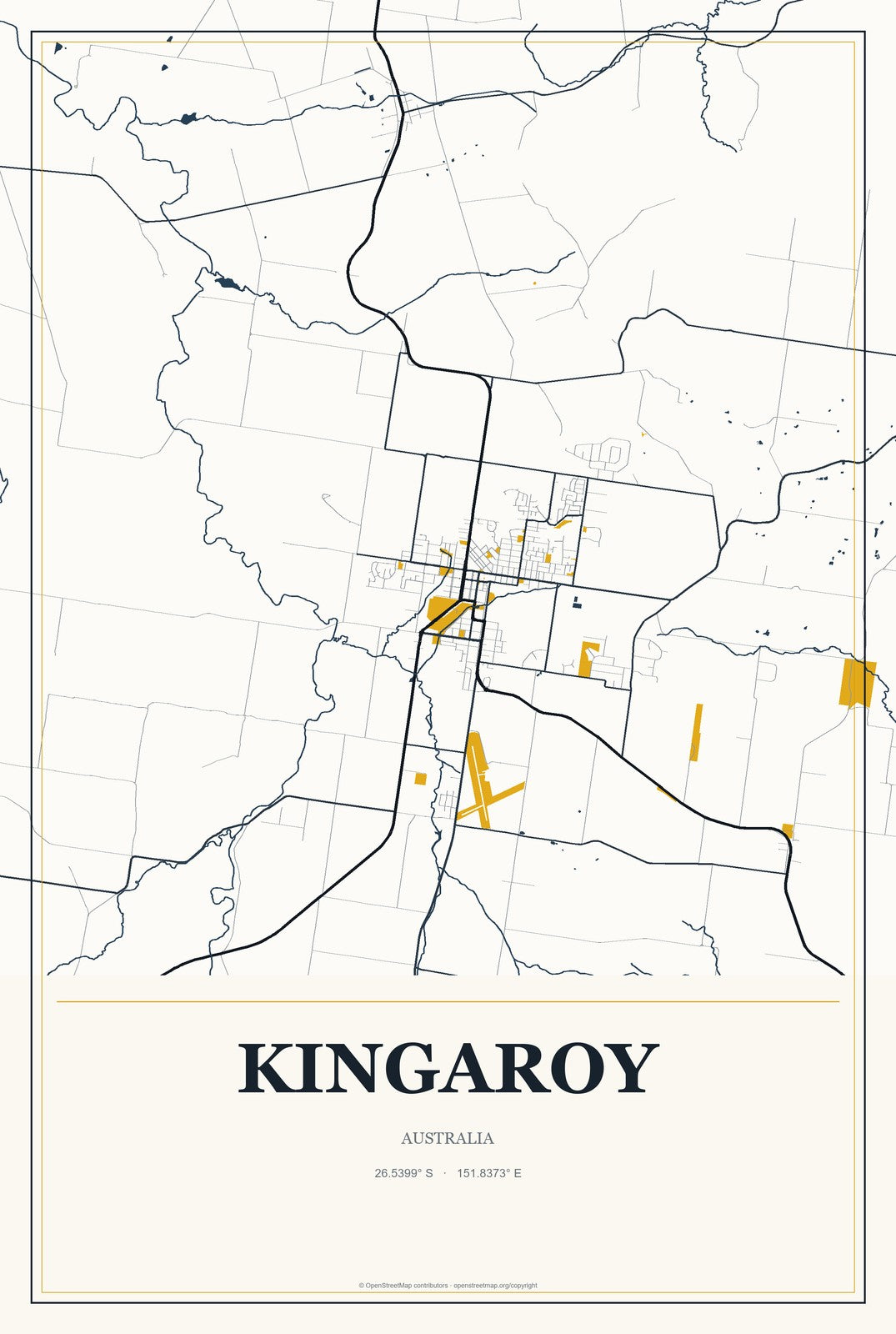 Kingaroy, Australia City Map Aluminum Sign in Citrine Modern style