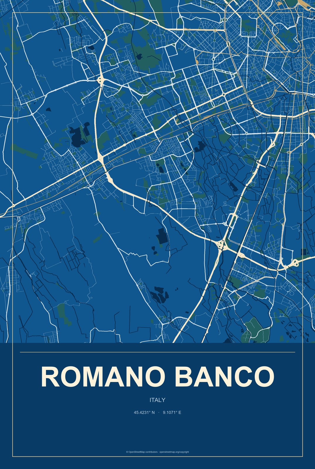 Romano Banco, Italy City Map Aluminum Sign in Harbor Cobalt style