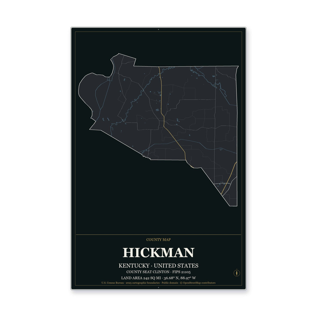Hickman County, Kentucky Map Aluminum Sign in Metropolitan Noir style
