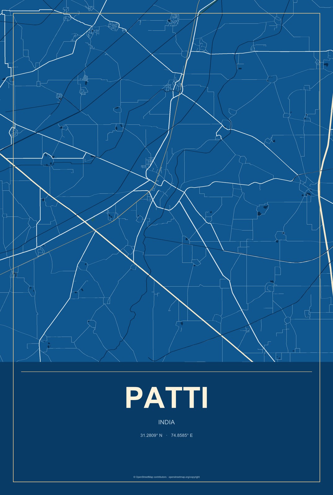 Patti, India City Map Aluminum Sign in Harbor Cobalt style