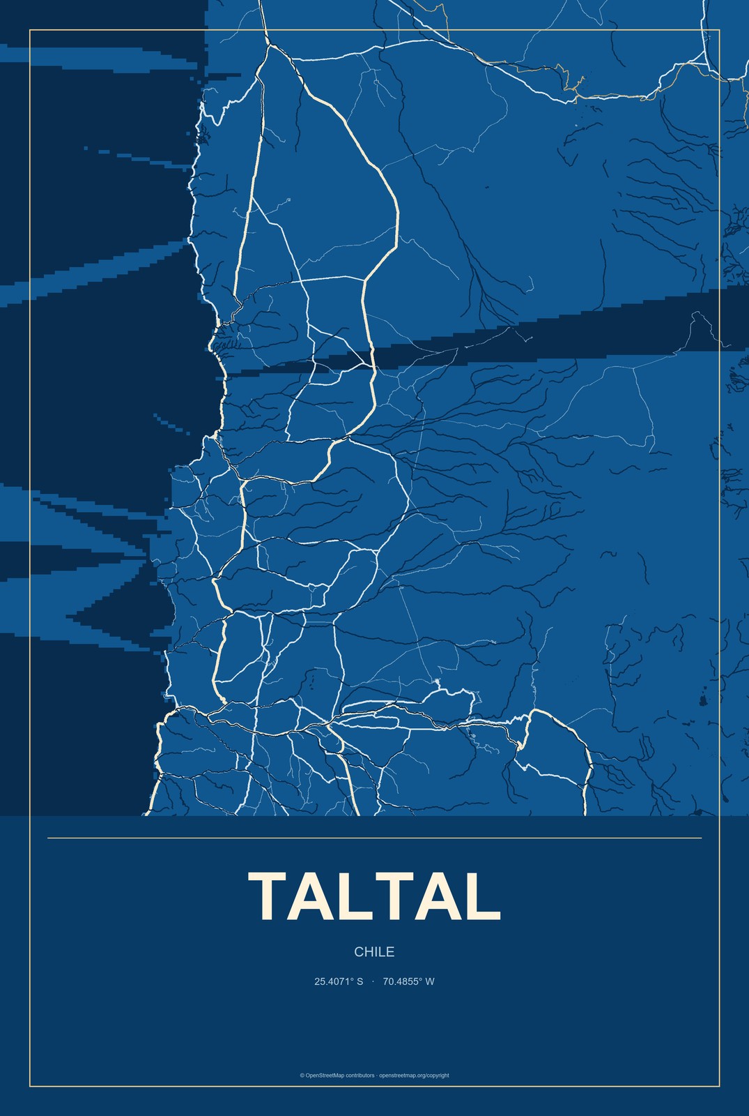 Taltal, Chile City Map Aluminum Sign in Harbor Cobalt style