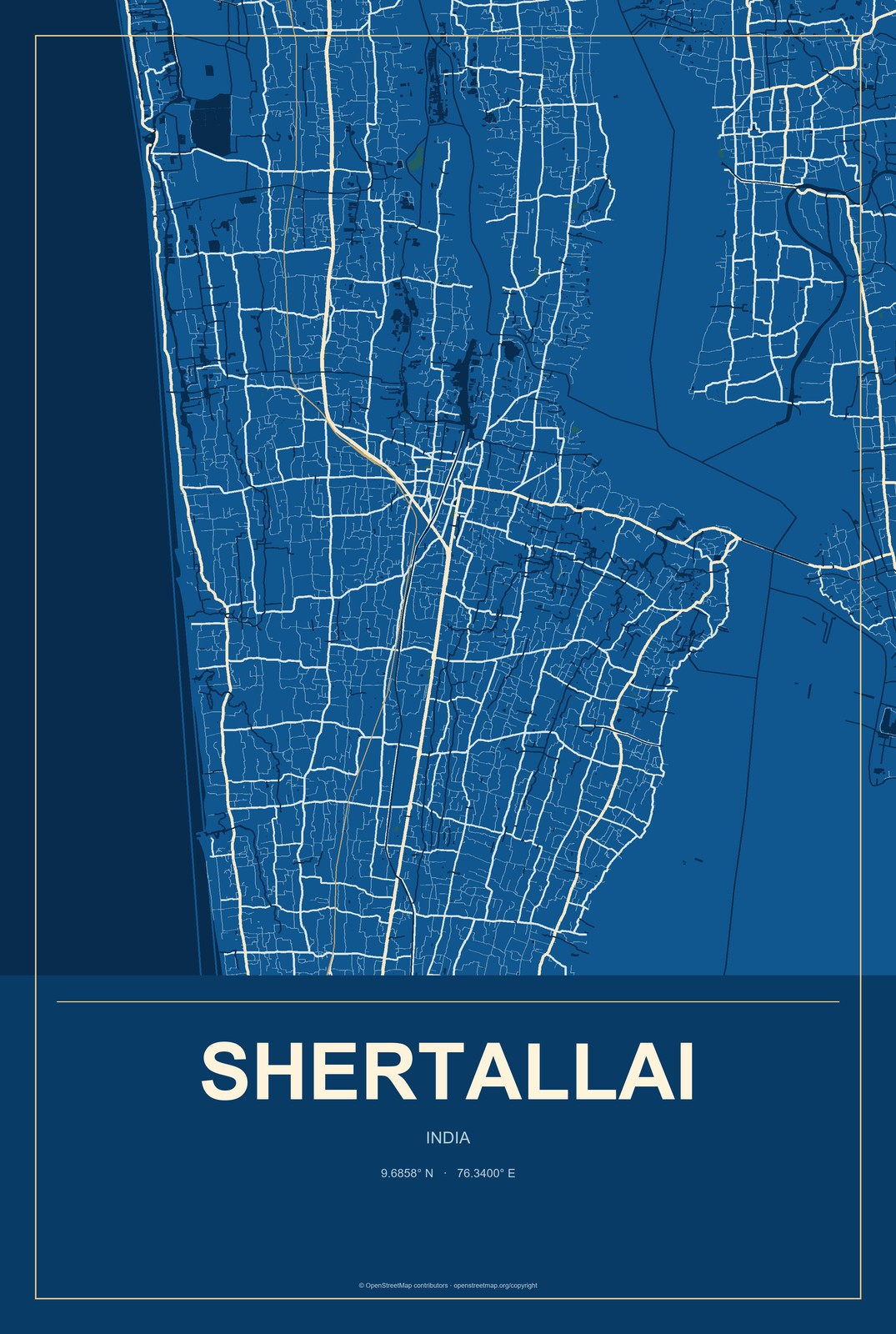 Shertallai, India City Map Aluminum Sign in Harbor Cobalt style