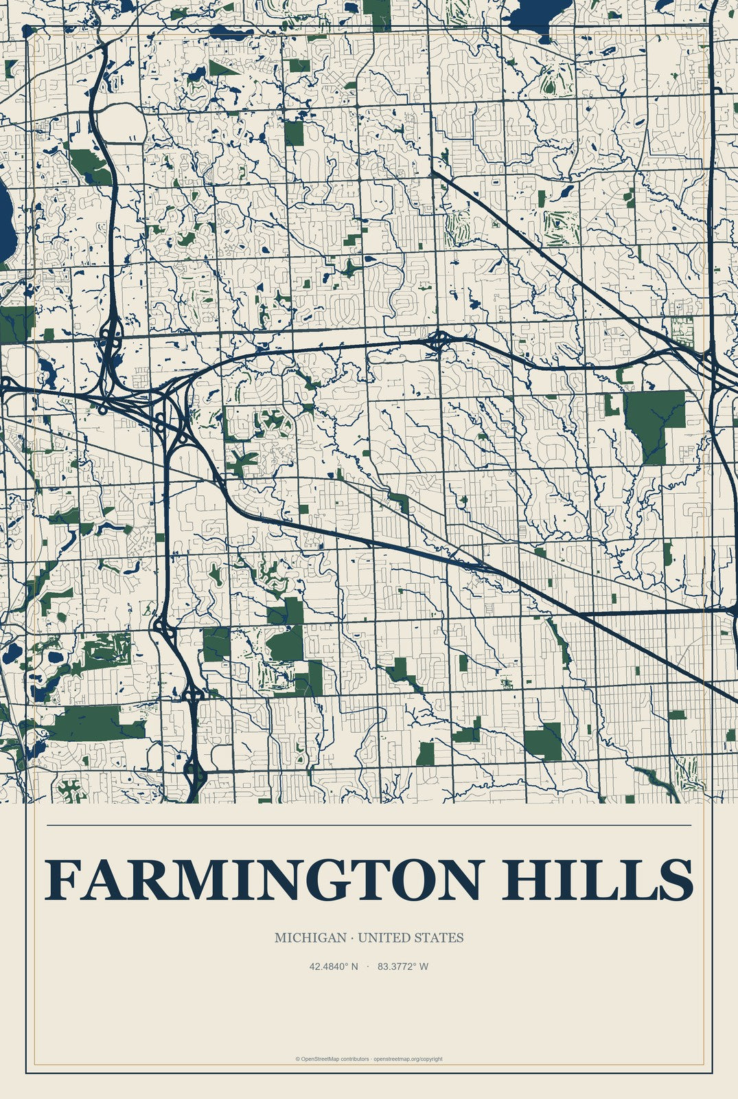 Farmington Hills, Michigan City Map Aluminum Sign in Coastal Cutout style