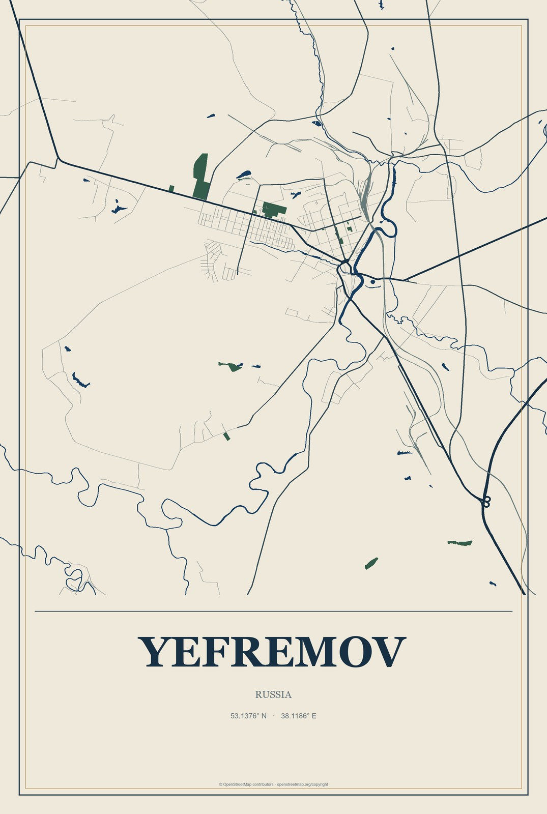 Yefremov, Russia City Map Aluminum Sign in Coastal Cutout style