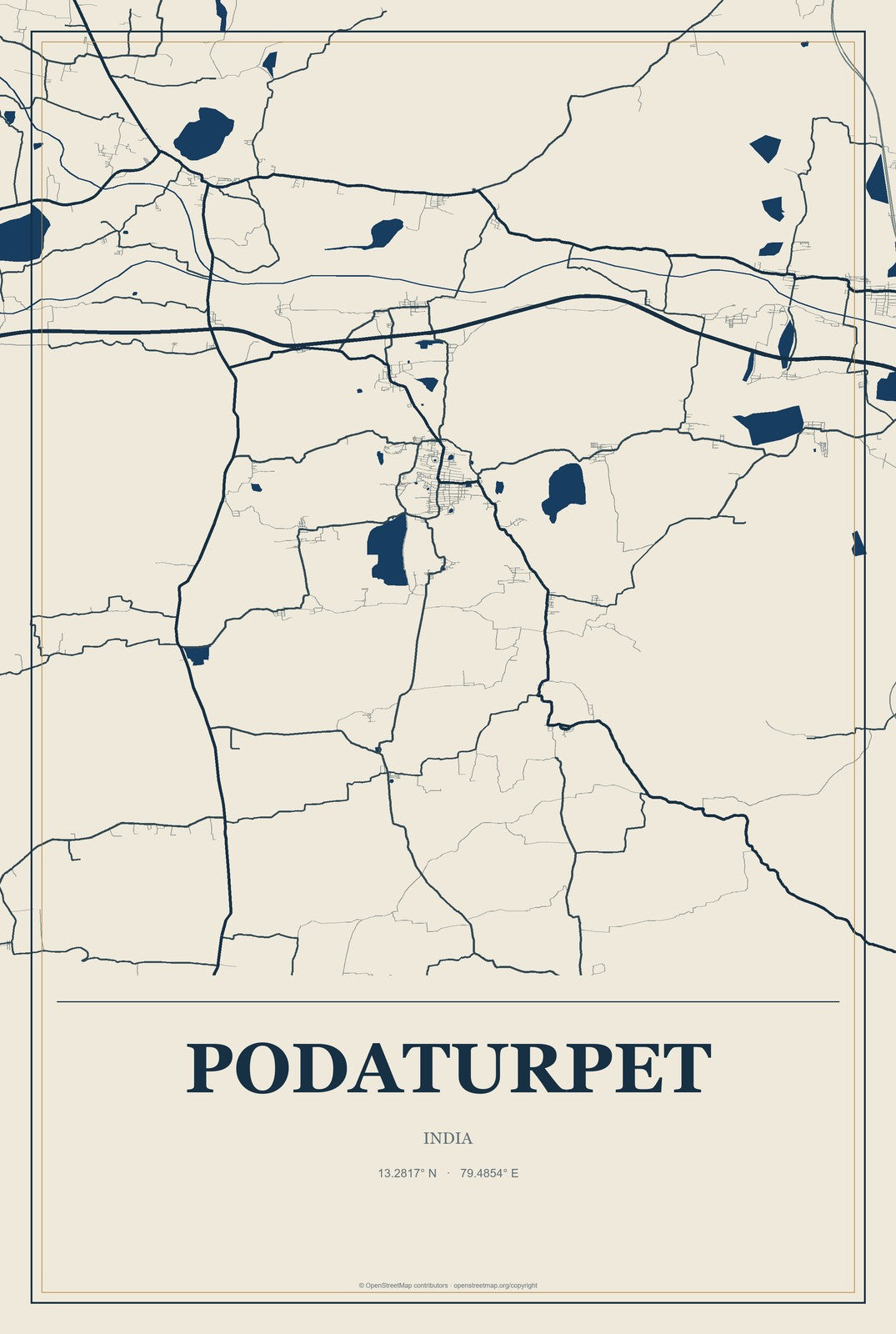 Podaturpet, India City Map Aluminum Sign in Coastal Cutout style