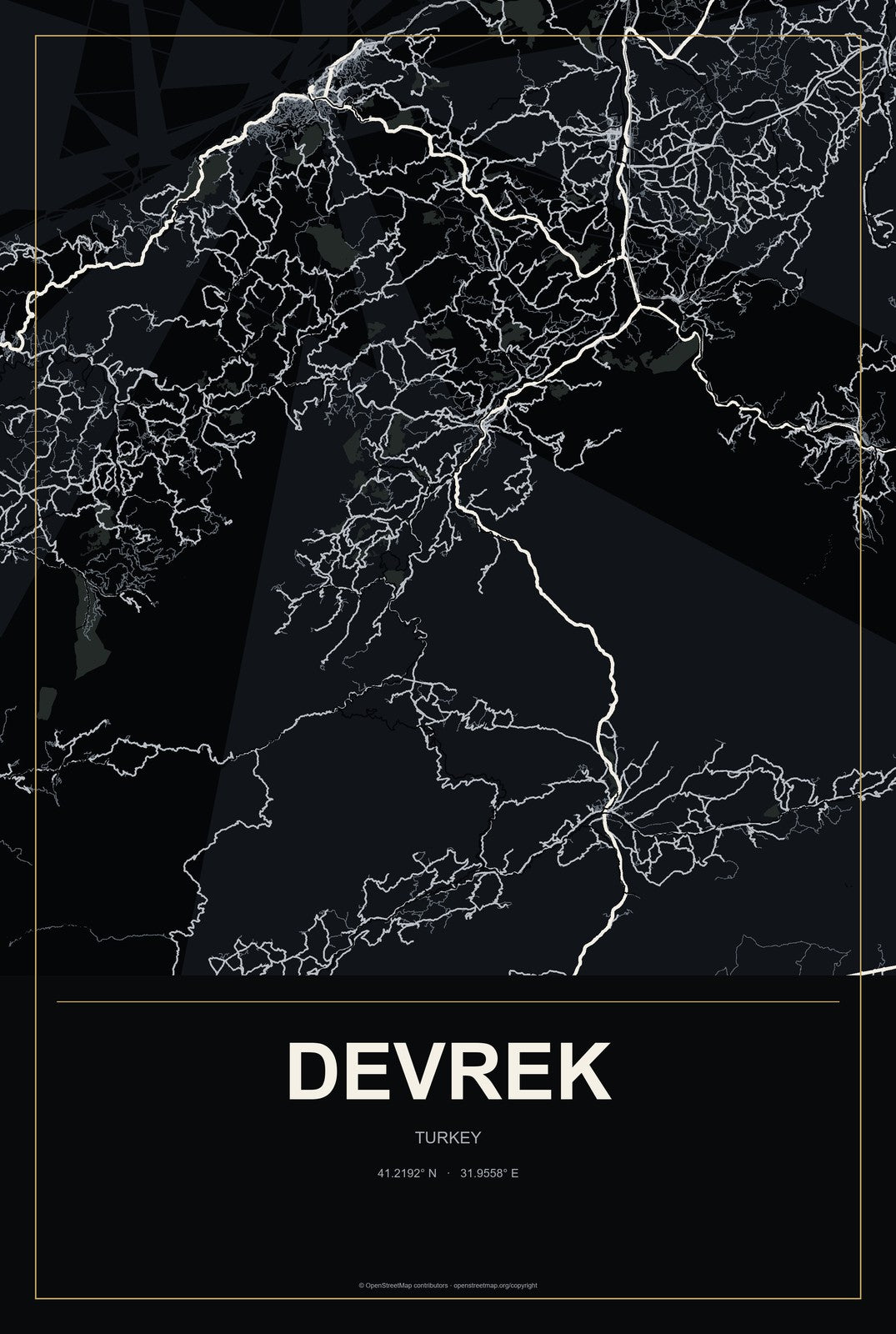 Devrek, Turkey City Map Aluminum Sign in Metropolitan Noir style