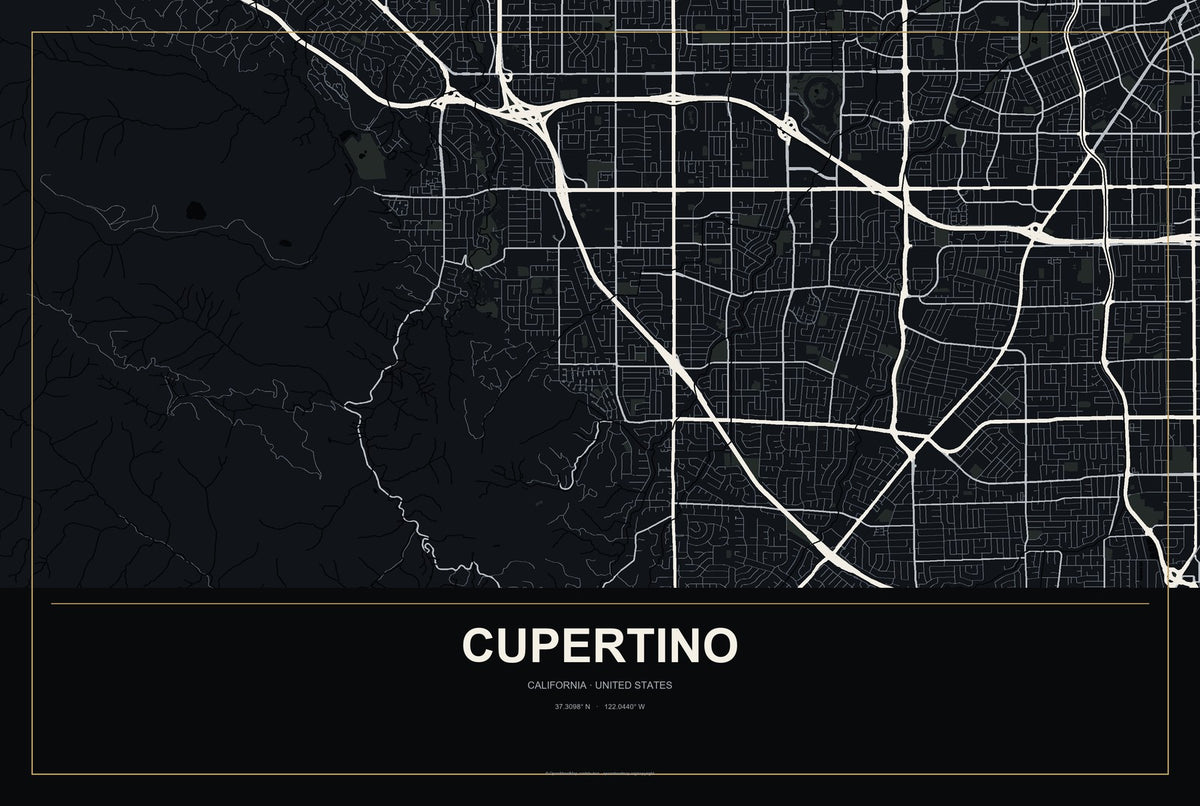Cupertino, California City Map Aluminum Sign in Metropolitan Noir style