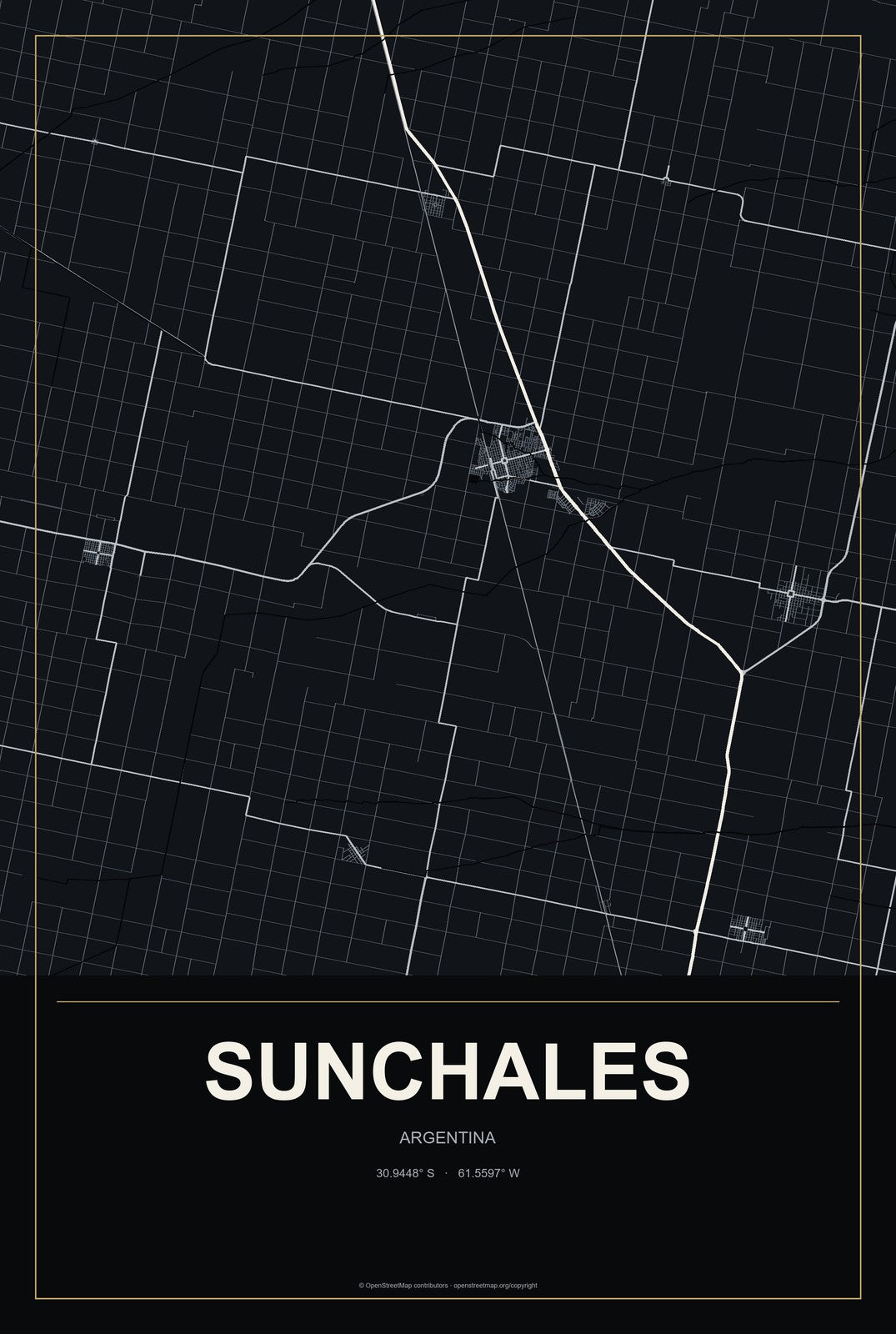 Sunchales, Argentina City Map Aluminum Sign in Metropolitan Noir style