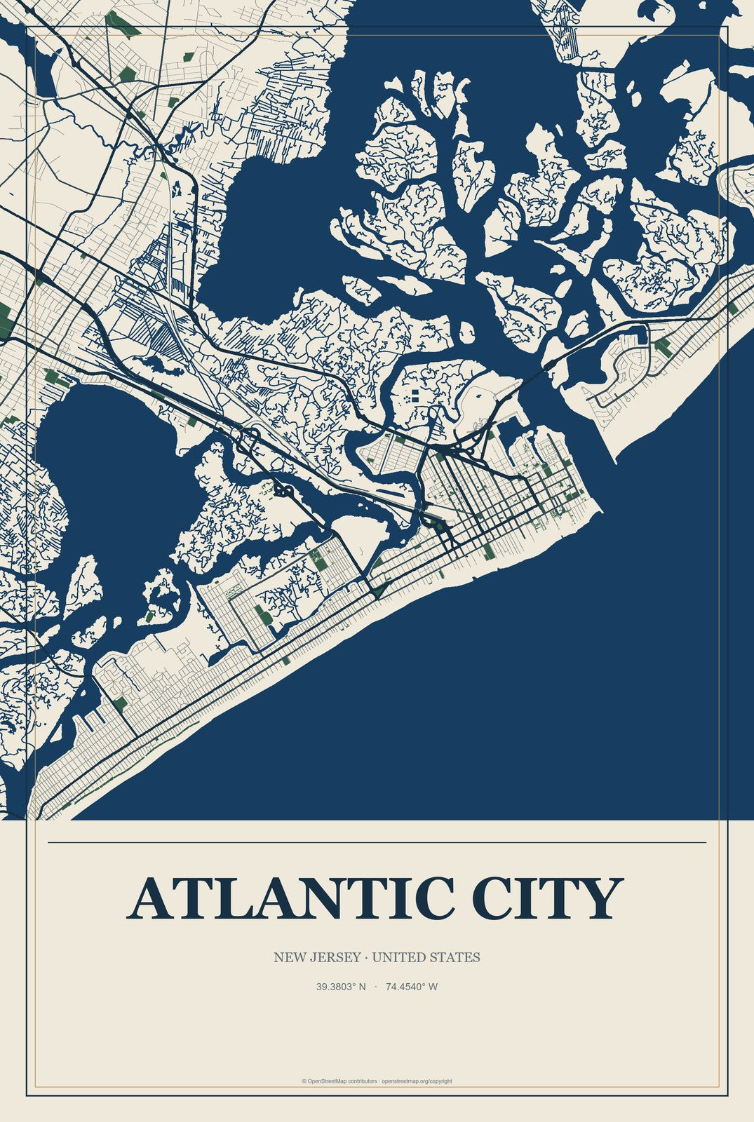 Atlantic City, New Jersey City Map Aluminum Sign in Coastal Cutout style