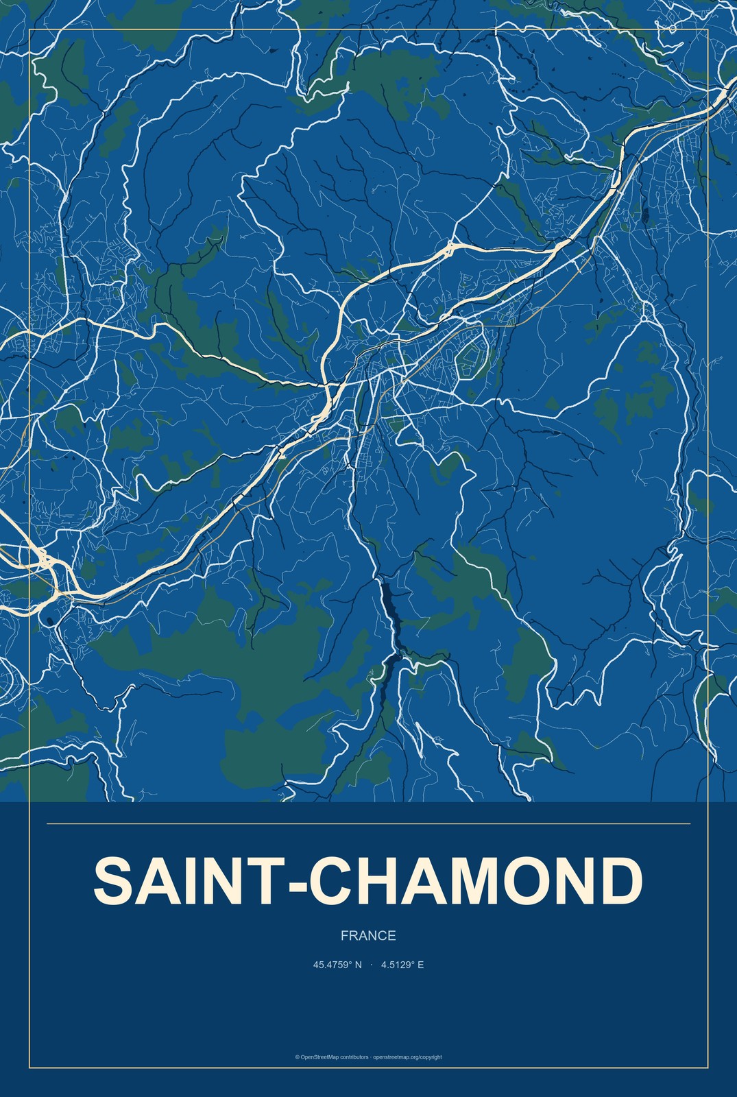Saint-Chamond, France City Map Aluminum Sign in Harbor Cobalt style