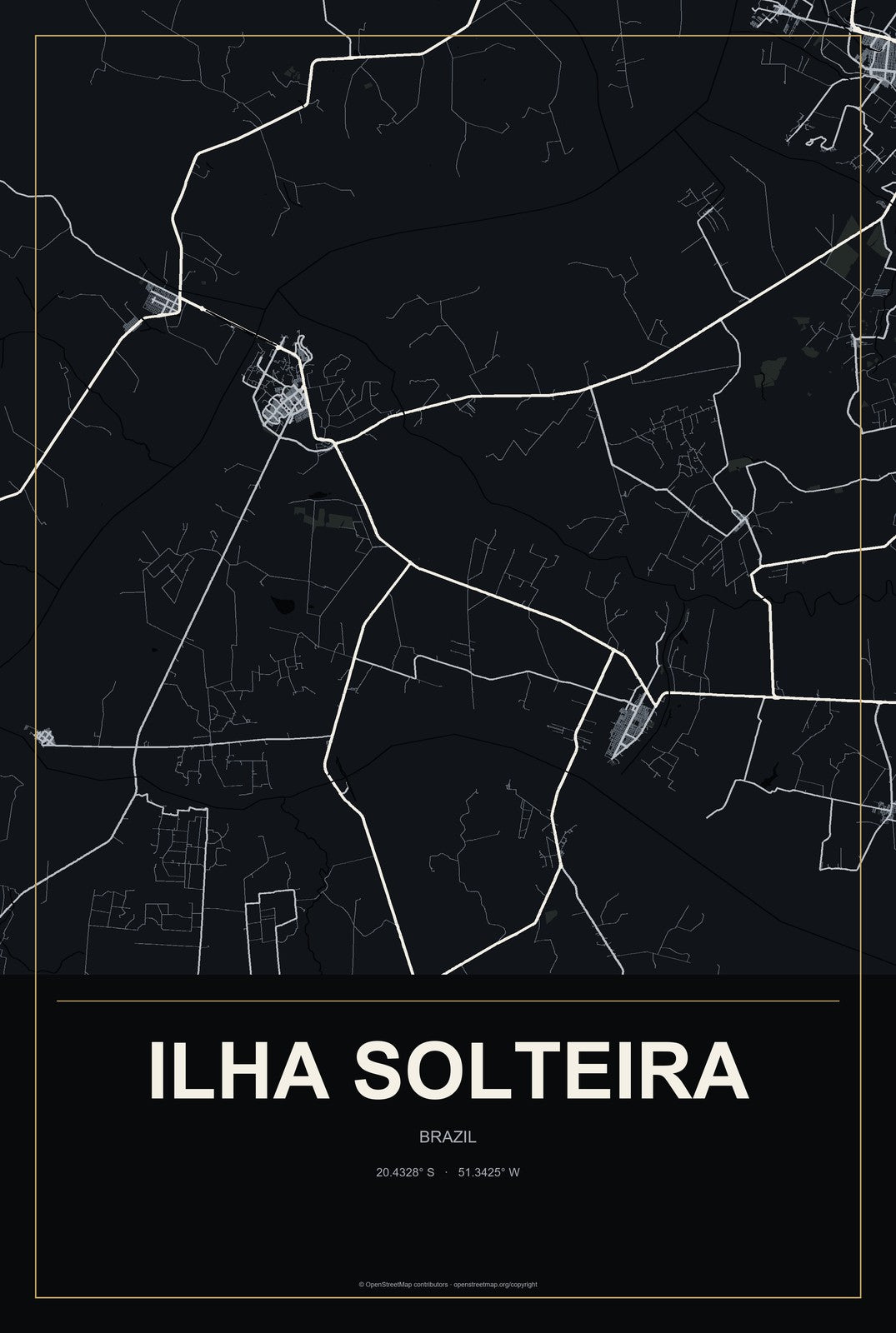 Ilha Solteira, Brazil City Map Aluminum Sign in Metropolitan Noir style