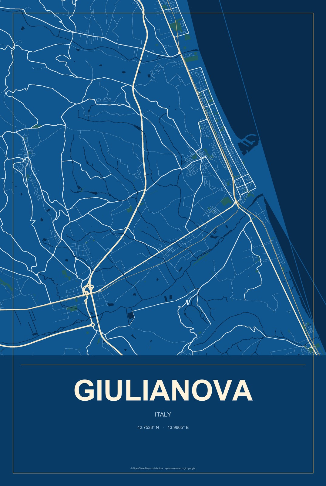 Giulianova, Italy City Map Aluminum Sign in Harbor Cobalt style