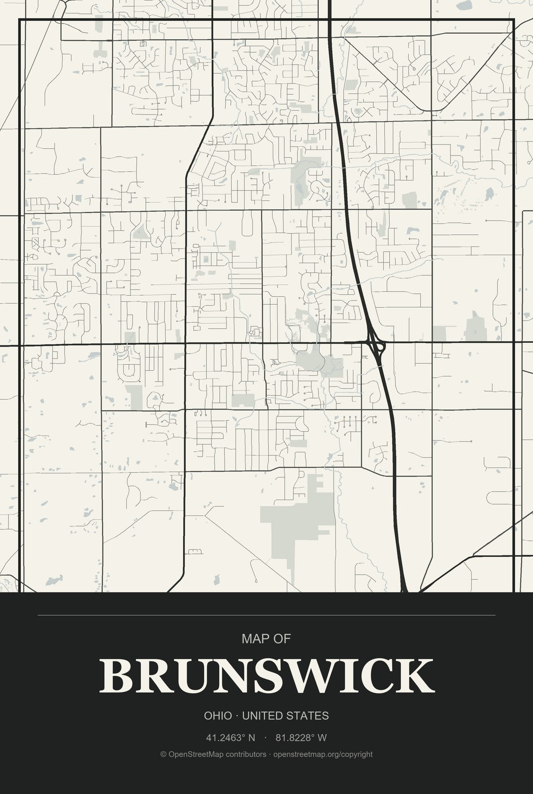 Brunswick, Ohio City Map Aluminum Sign in Museum Plaque style