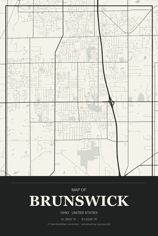 Brunswick, Ohio City Map Aluminum Sign in Museum Plaque style