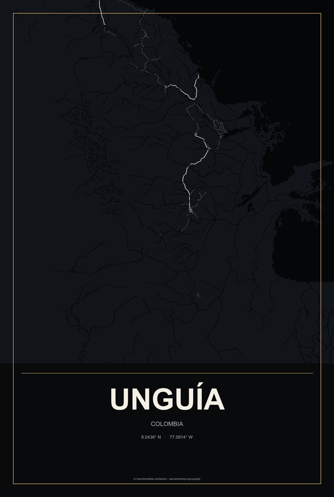 Unguía, Colombia City Map Aluminum Sign in Metropolitan Noir style