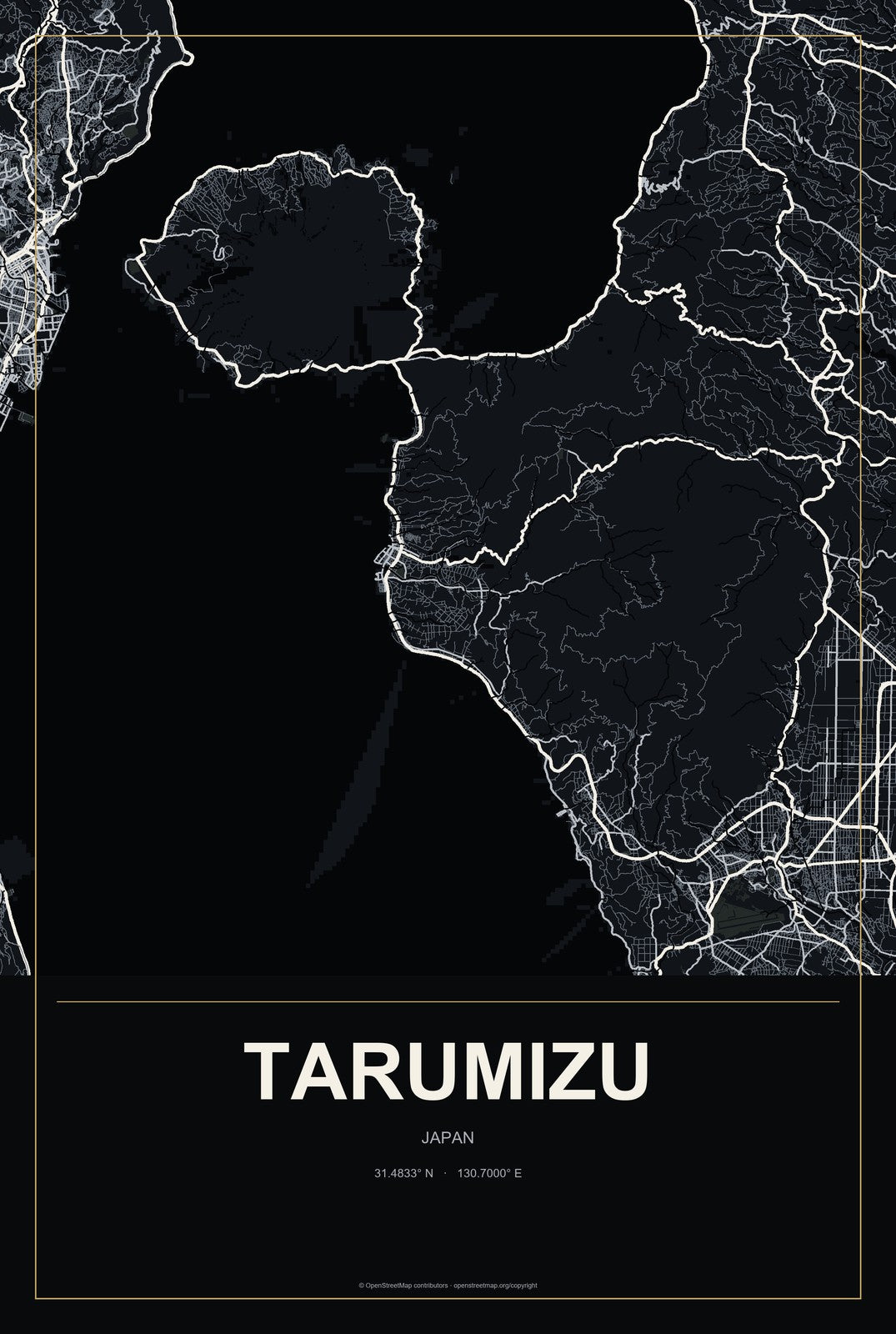Tarumizu, Japan City Map Aluminum Sign in Metropolitan Noir style